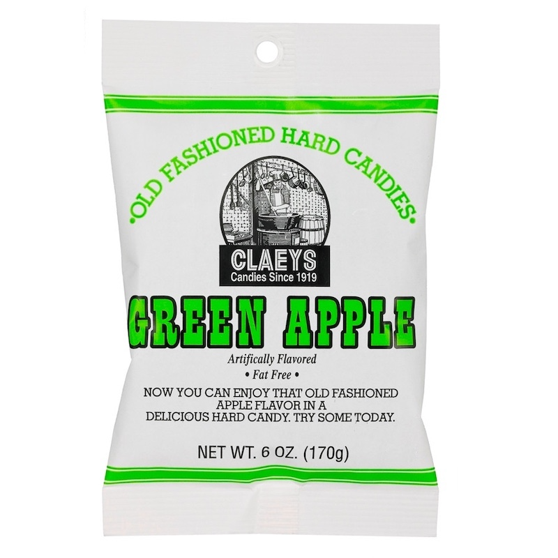 Package of Claeys Old Fashioned Hard Candies in Green Apple flavor.