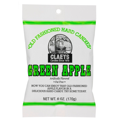 Package of Claeys Old Fashioned Hard Candies in Green Apple flavor.