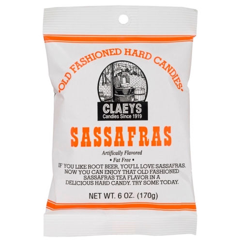 Claeys Sassafras hard candy package.