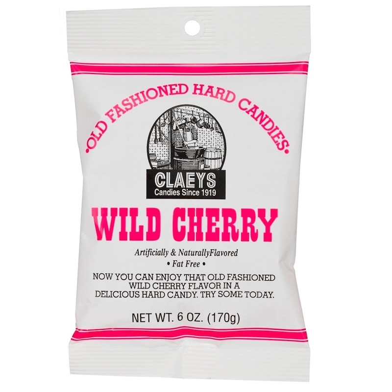 Package of Claeys Wild Cherry hard candies.