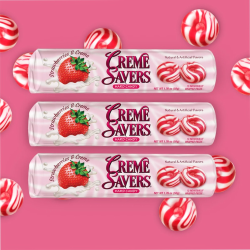 Creme Savers Strawberries and Creme hard candy.