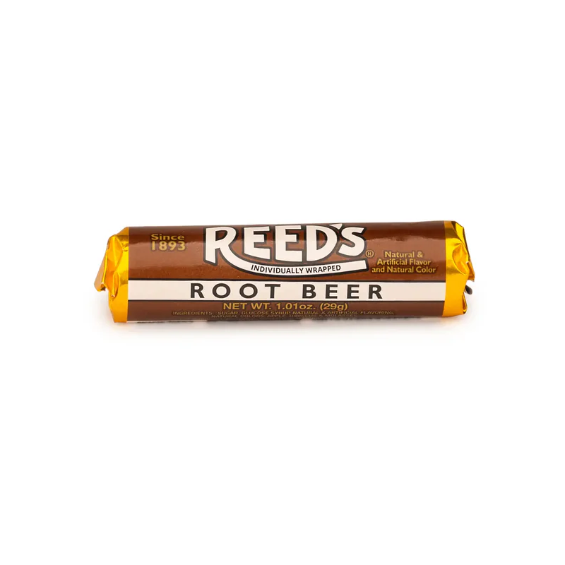 Reed's Root Beer hard candy roll.