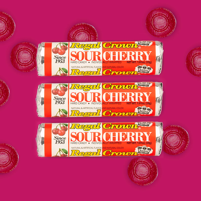 Regal Crown Sour Cherry hard candy 3 rolls.