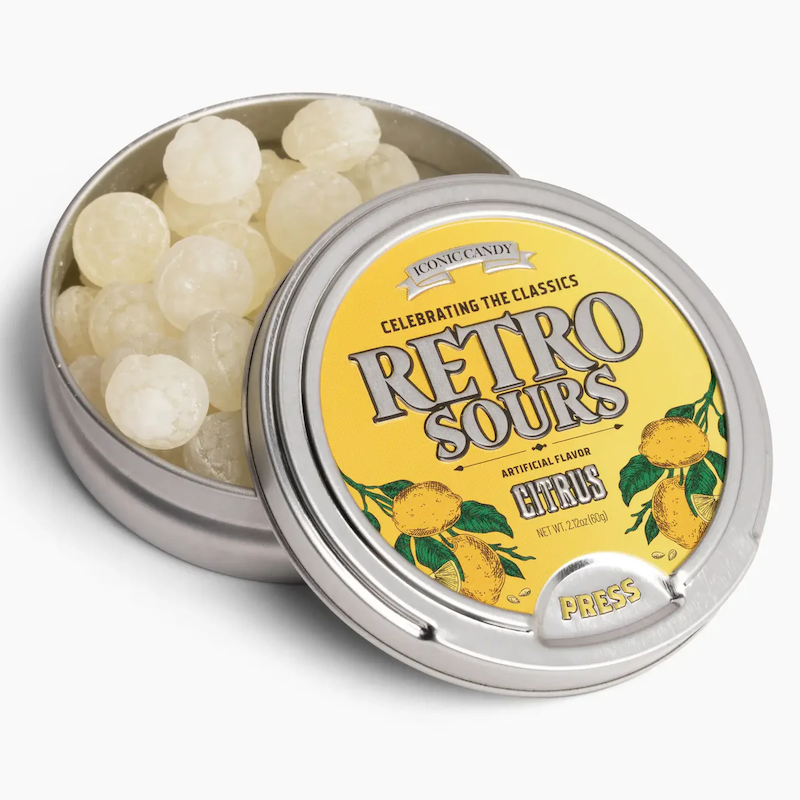Tin of Retro Sours Citrus hard candies.