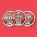 Three tins of Retro Sours Red Apple hard candies.
