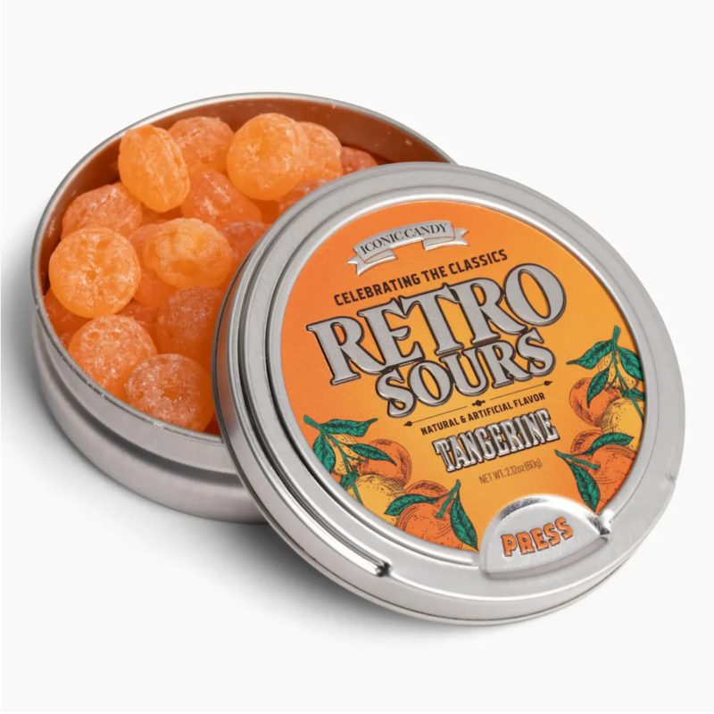 Tin of Retro Sours Tangerine hard candies.