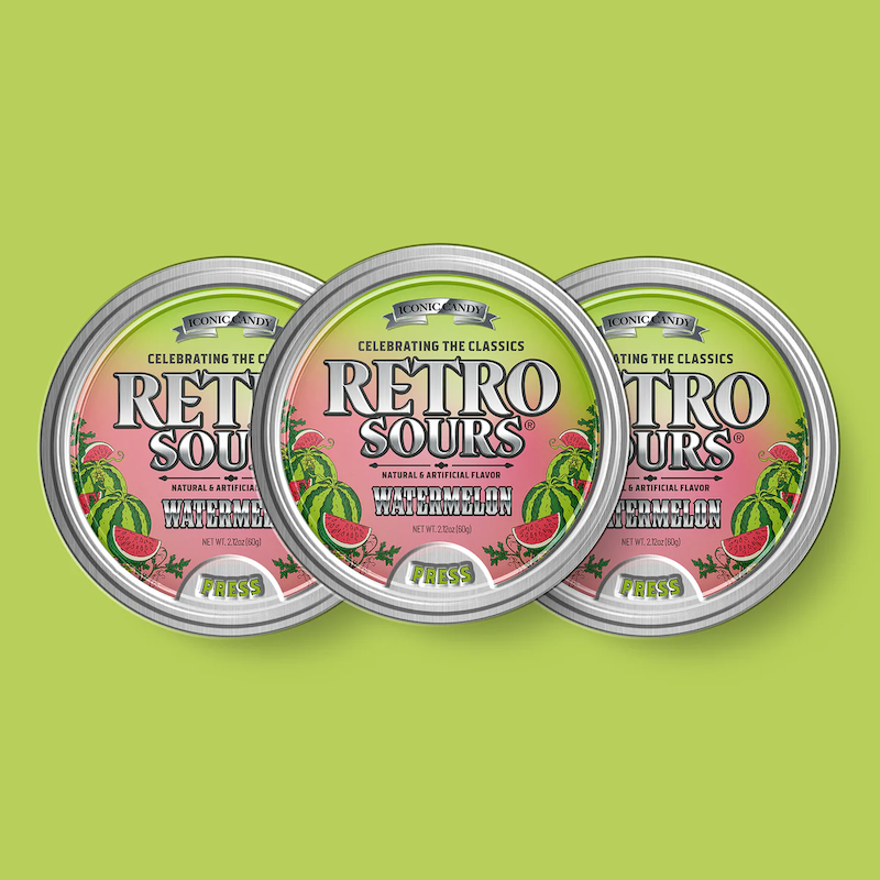 Three tins of Retro Sours Watermelon hard candies.